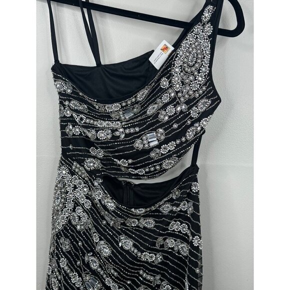 Mac Duggal 10880 One-Shoulder Cut Out Black Evening Gown Size 2 NWT Pearls Beads - Picture 5 of 12